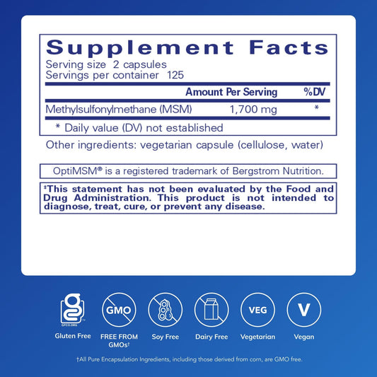 Pure Encapsulations MSM capsules label closeup highlighting purity and potency.