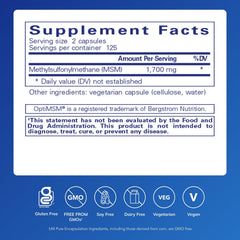 Pure Encapsulations MSM capsules label closeup highlighting purity and potency.