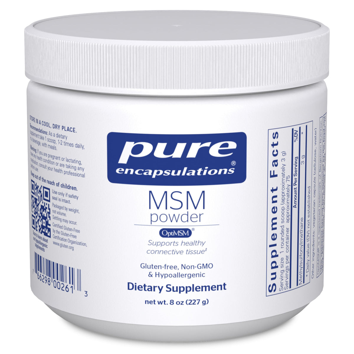 Pure Encapsulations MSM powder bottle, clear label—supports joint comfort and connective tissue health.