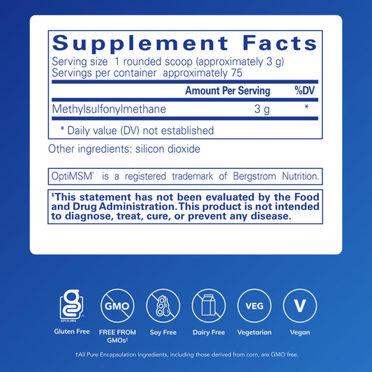 Pure Encapsulations MSM powder packaging highlights premium hypoallergenic formula for immune support.