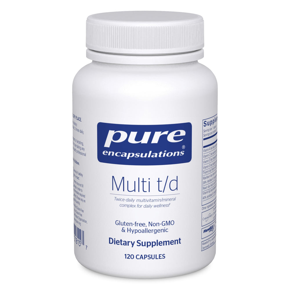 Pure Encapsulations Multi T/D bottle pour for easy daily dosing.