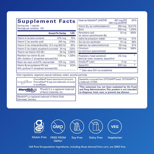 Close-up of Multi T/D capsules highlighting vegetarian-friendly tablets.