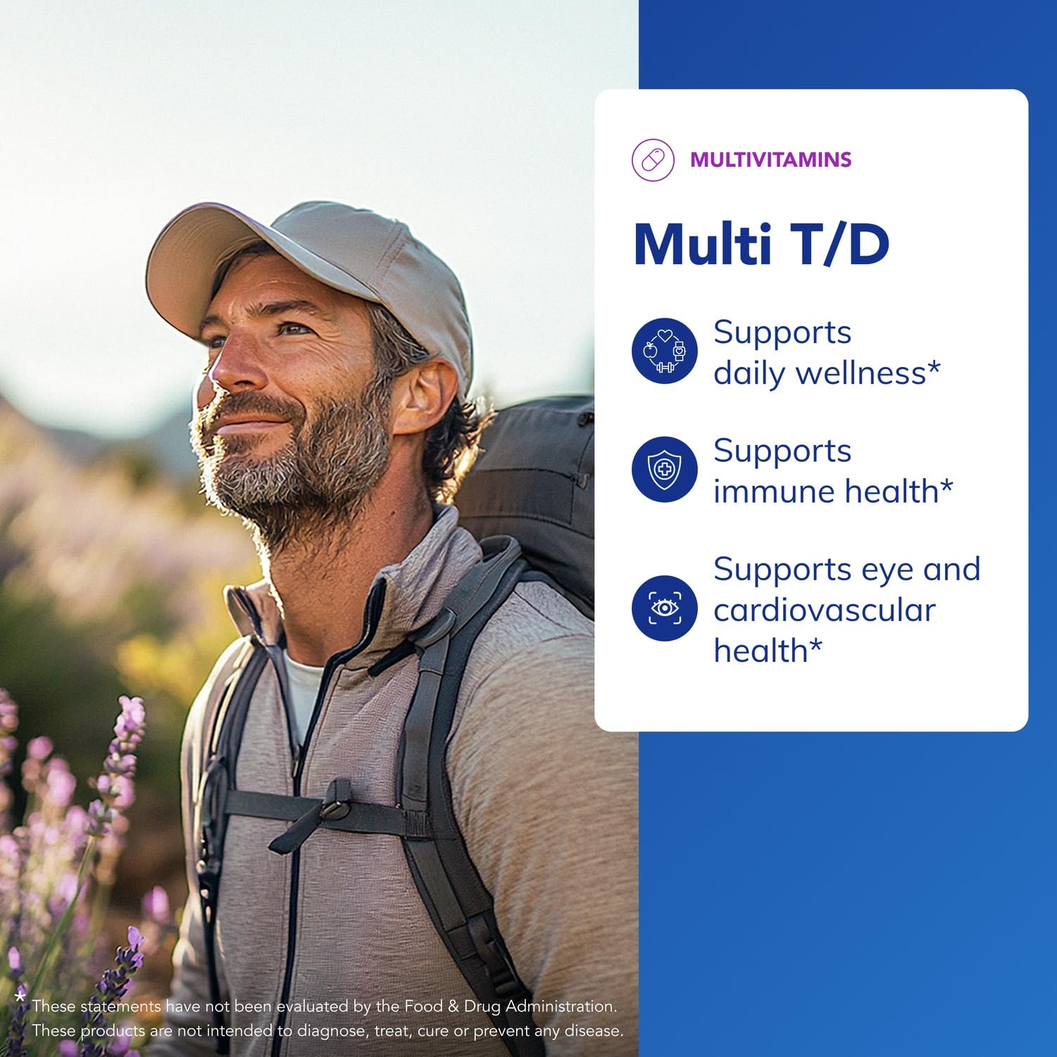 Multi T/D nutrition label shows essential vitamins and minerals.