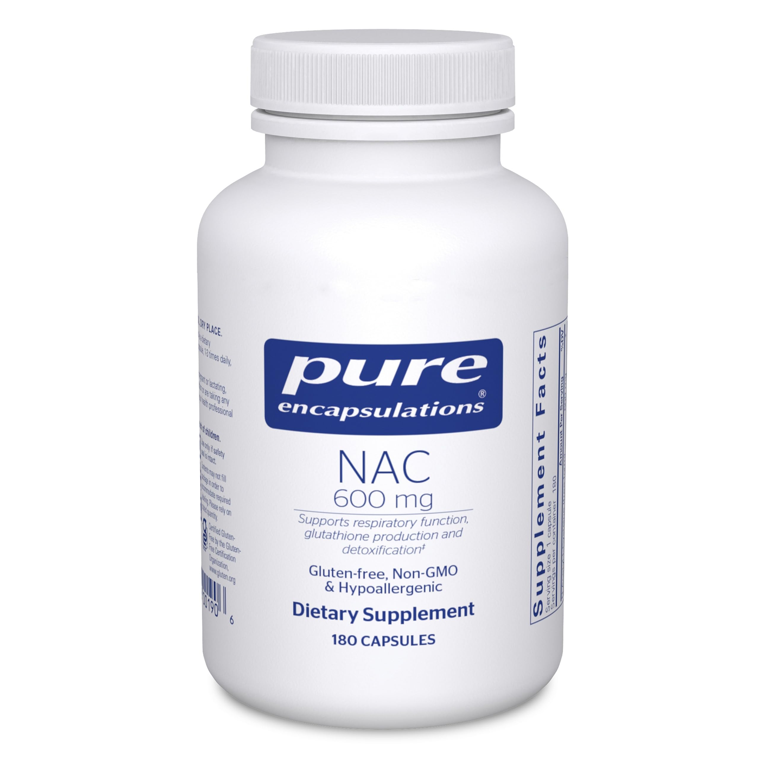 Pure Encapsulations NAC 600 mg bottle closeup showcasing label and potency for lungs