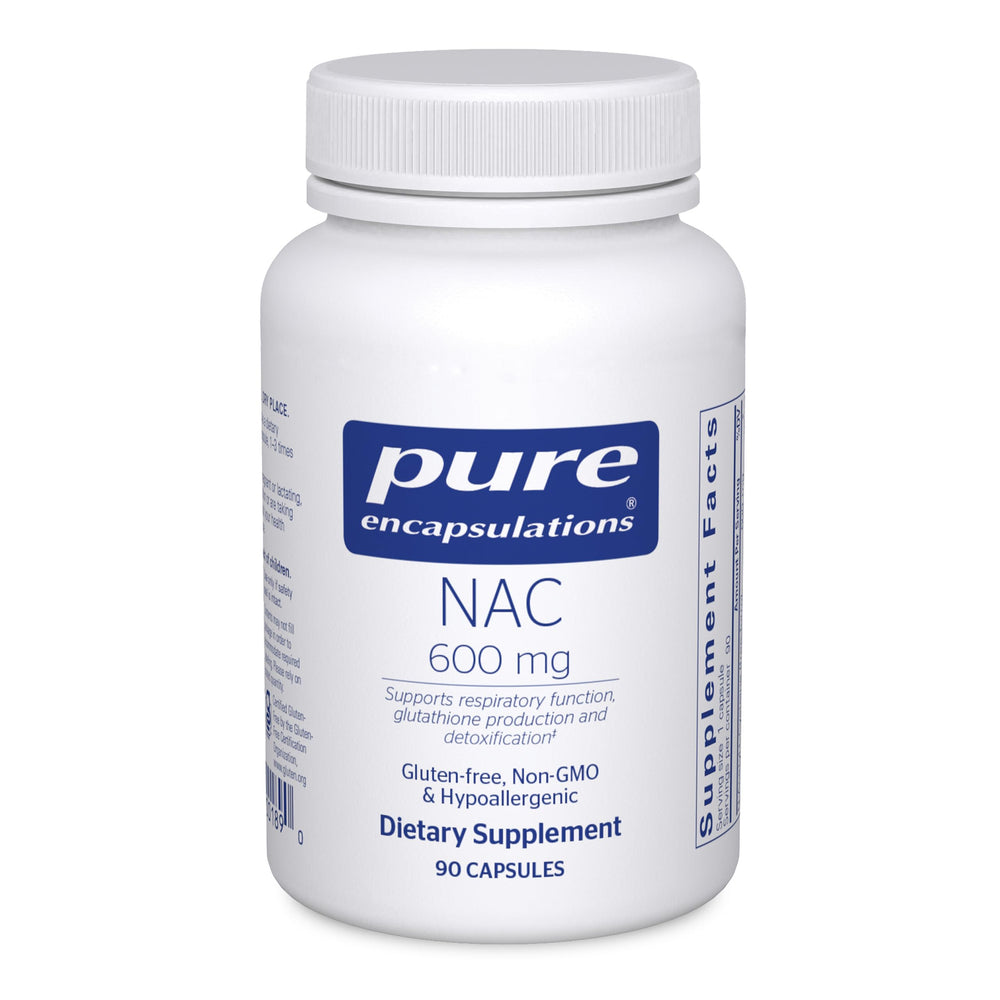 Pure Encapsulations NAC 600 mg bottle front shows clean label for easy supplement choice and antioxidant support.