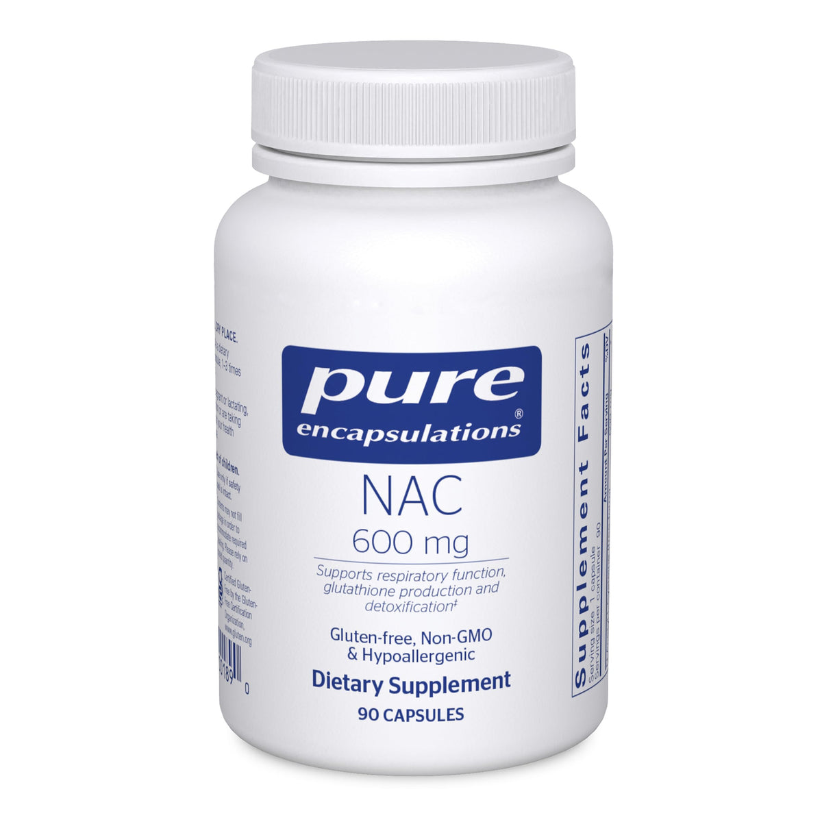 Pure Encapsulations NAC 600 mg bottle front shows clean label for easy supplement choice and antioxidant support.