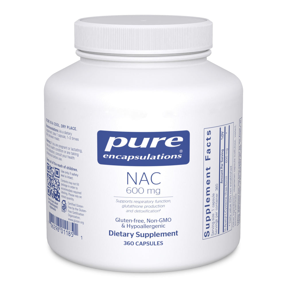 Pure Encapsulations NAC 600mg bottle on desk supports lung and immune health.