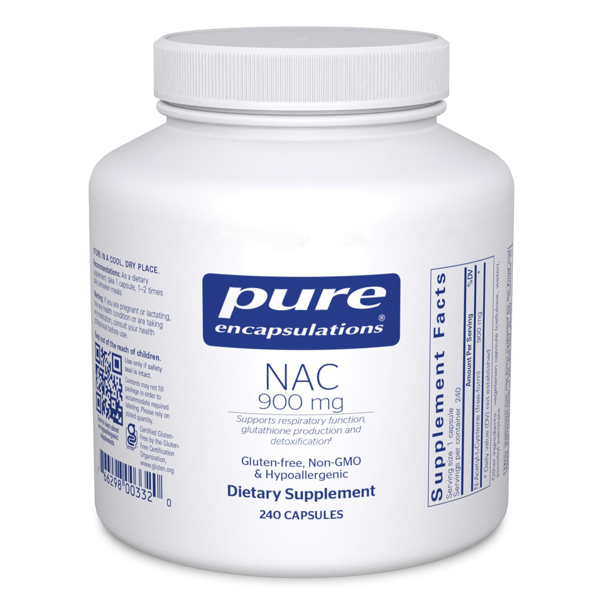 Pure Encapsulations NAC 900 mg bottle front showing respiratory support and clean ingredients