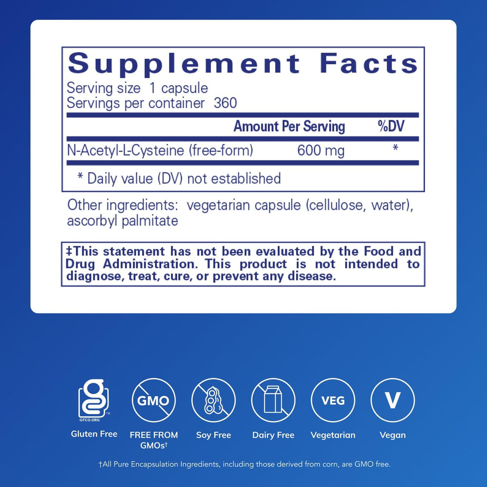 Pure Encapsulations NAC capsules closeup for daily antioxidant support.