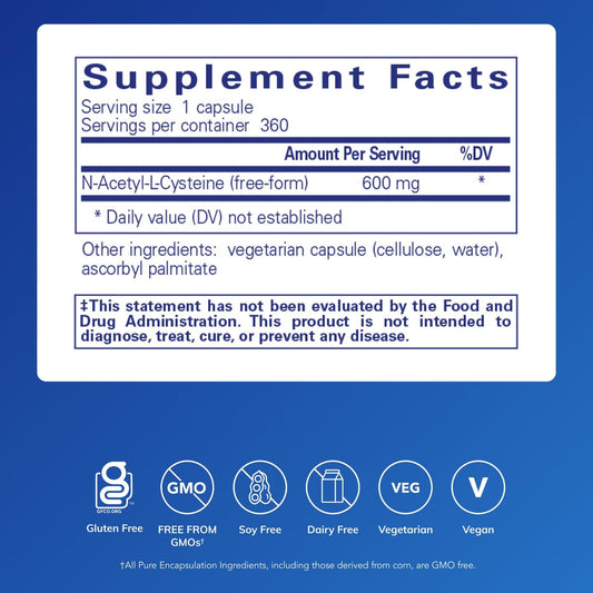 Pure Encapsulations NAC capsules closeup for daily antioxidant support.