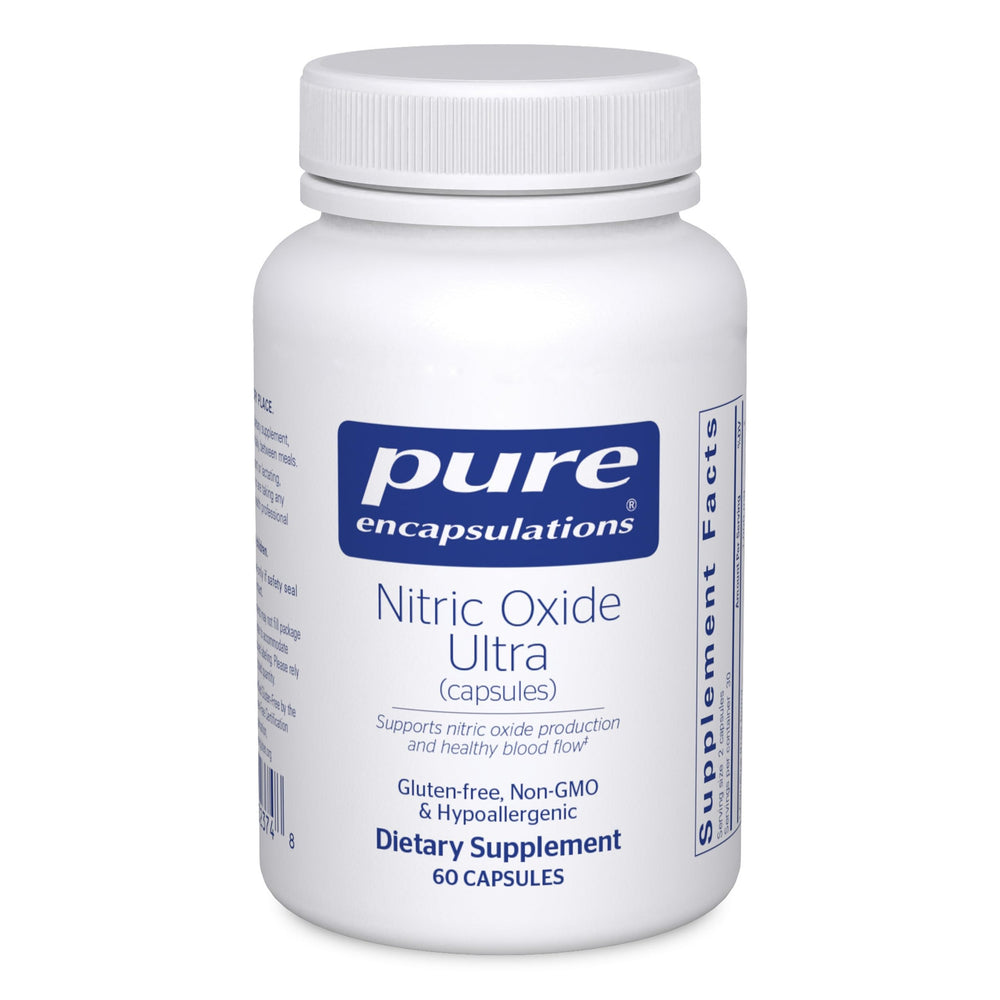 Pure Encapsulations Nitric Oxide Ultra bottle demonstrates cardiovascular support for daily well-being.