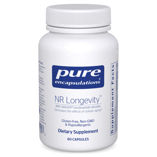 Pure Encapsulations NR Longevity bottle on a clean surface, supporting NAD+ replenishment and cellular health.