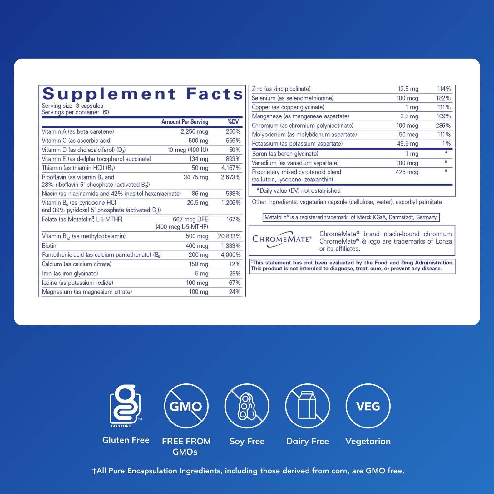Pure Encapsulations Nutrient 950 label closeup emphasizes Metafolin L-5-MTHF in a hypoallergenic formula.