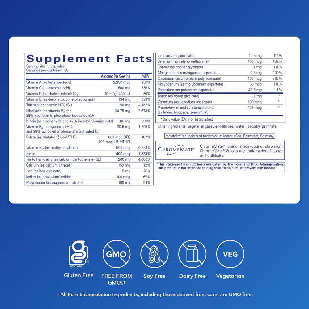 Pure Encapsulations Nutrient 950 label closeup emphasizes Metafolin L-5-MTHF in a hypoallergenic formula.