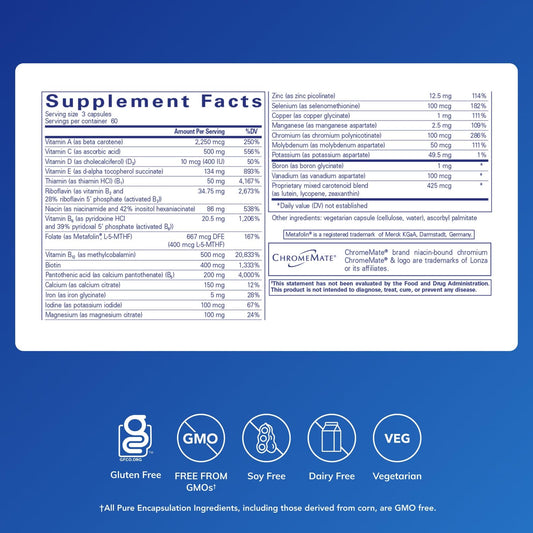 Pure Encapsulations Nutrient 950 label closeup emphasizes Metafolin L-5-MTHF in a hypoallergenic formula.
