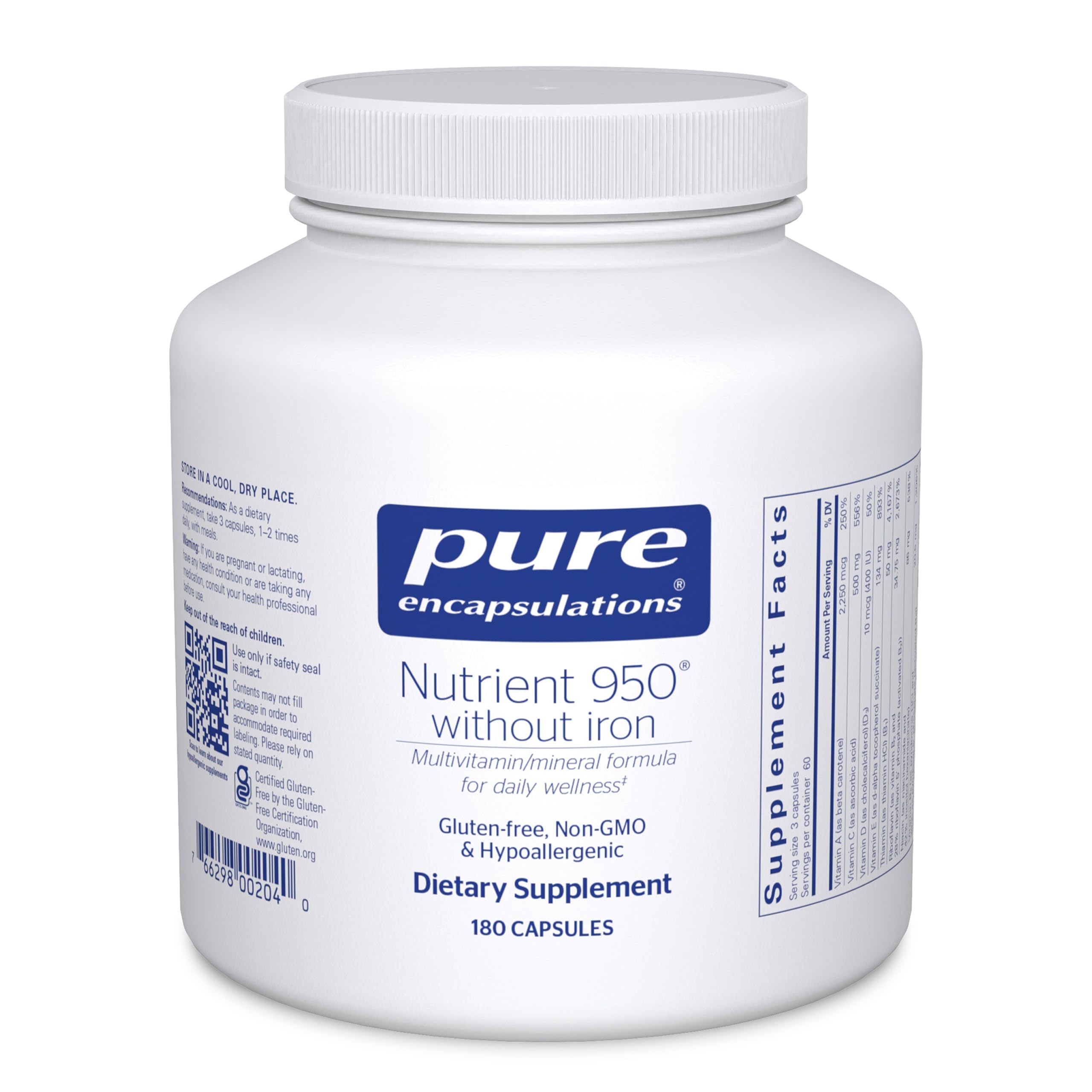 Pure Encapsulations Nutrient 950 Without Iron bottle label showing allergen-free formula