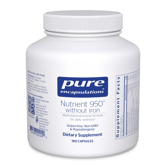 Pure Encapsulations Nutrient 950 Without Iron bottle label showing allergen-free formula