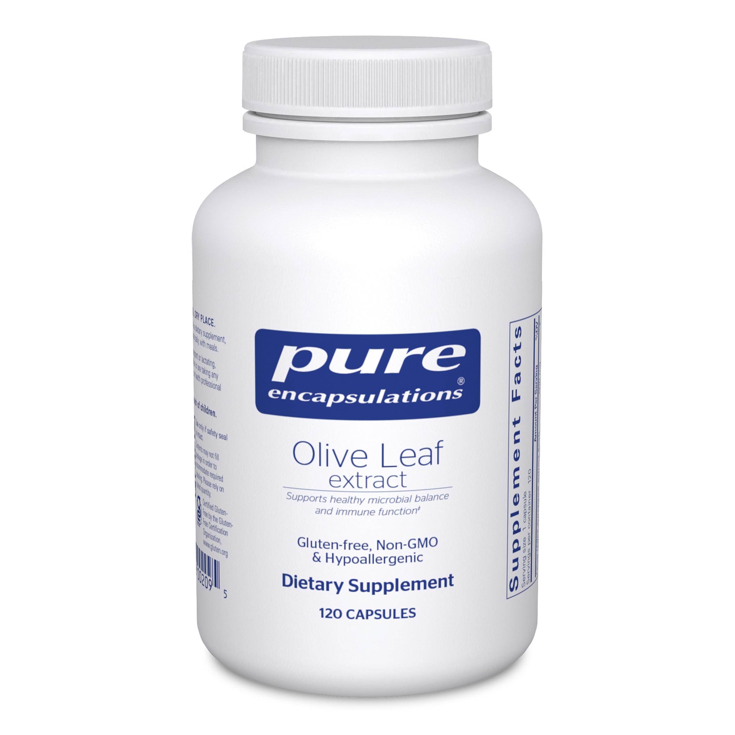 Pure Encapsulations Olive Leaf Extract bottle front view may support immune health.