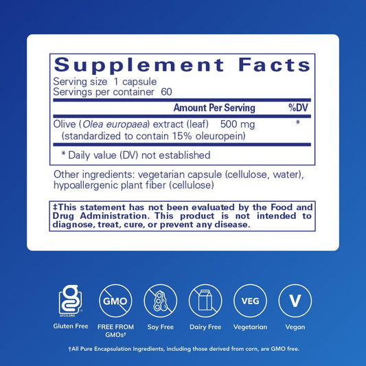 Pure Encapsulations Olive Leaf Extract label close-up promises clean ingredients