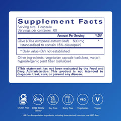 Pure Encapsulations Olive Leaf Extract label close-up promises clean ingredients