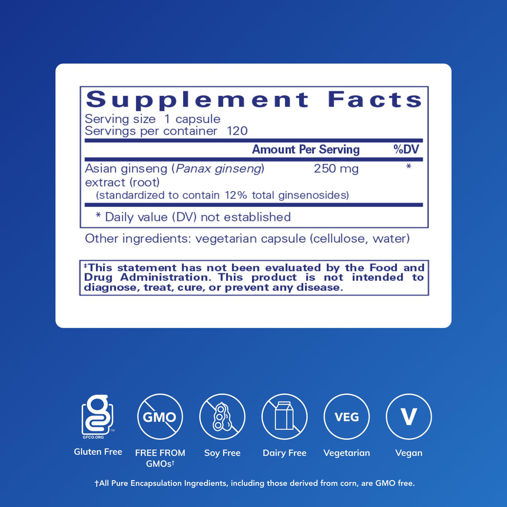 Pure Encapsulations Panax Ginseng label closeup highlighting clean, allergen-free supplement