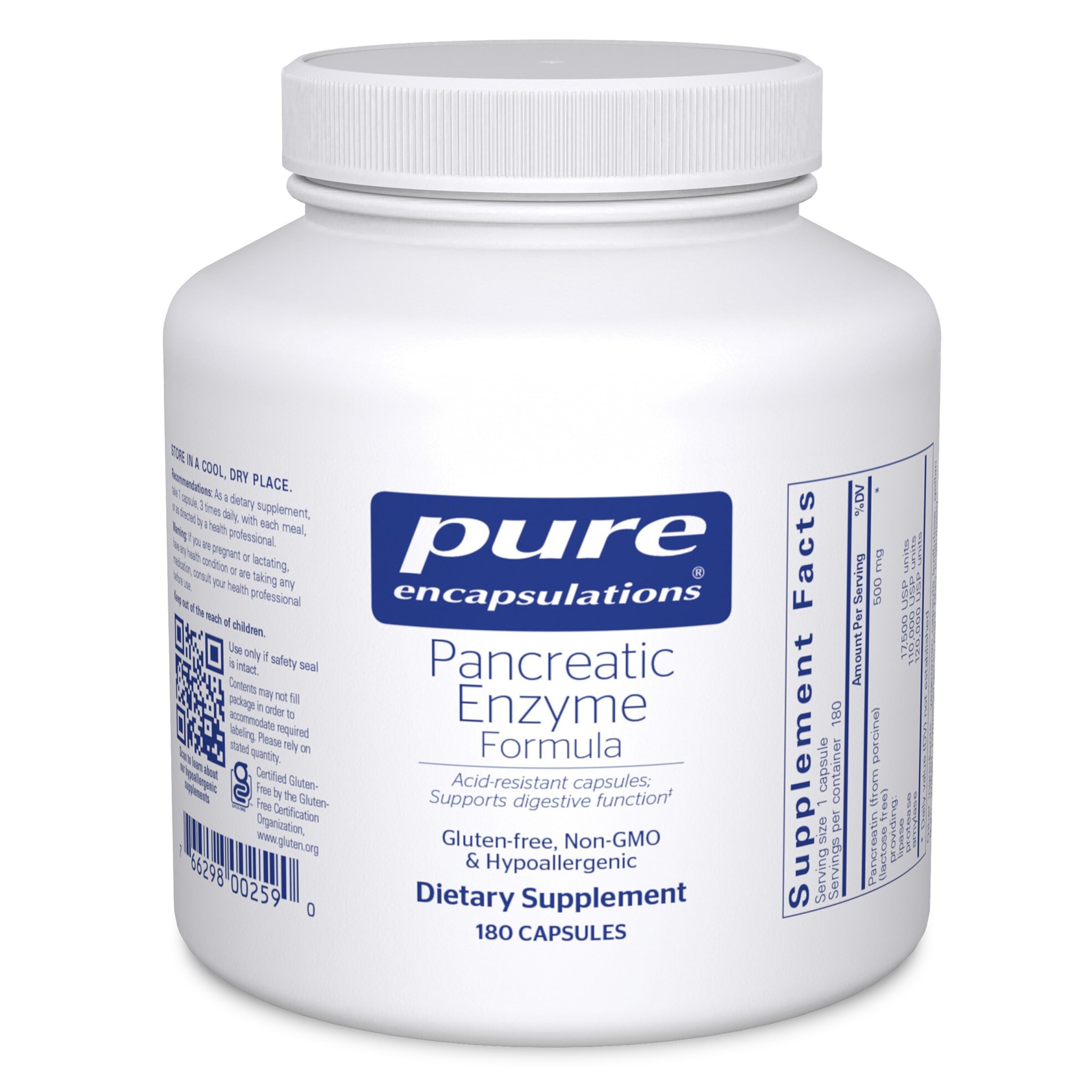 Pure Encapsulations Pancreatic Enzyme Formula bottle showing digestive support and gluten-free features.