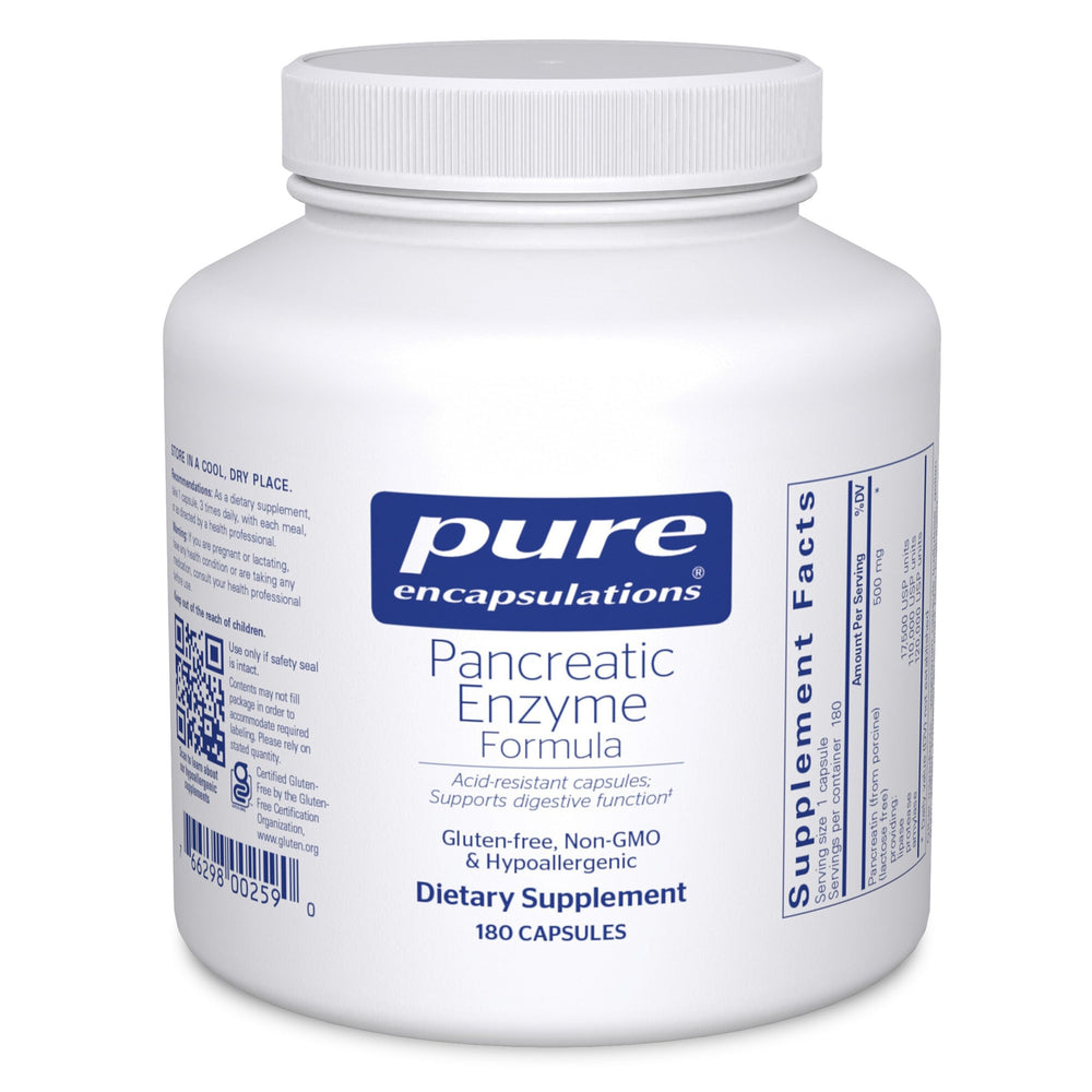 Pure Encapsulations Pancreatic Enzyme Formula bottle showing digestive support and gluten-free features.