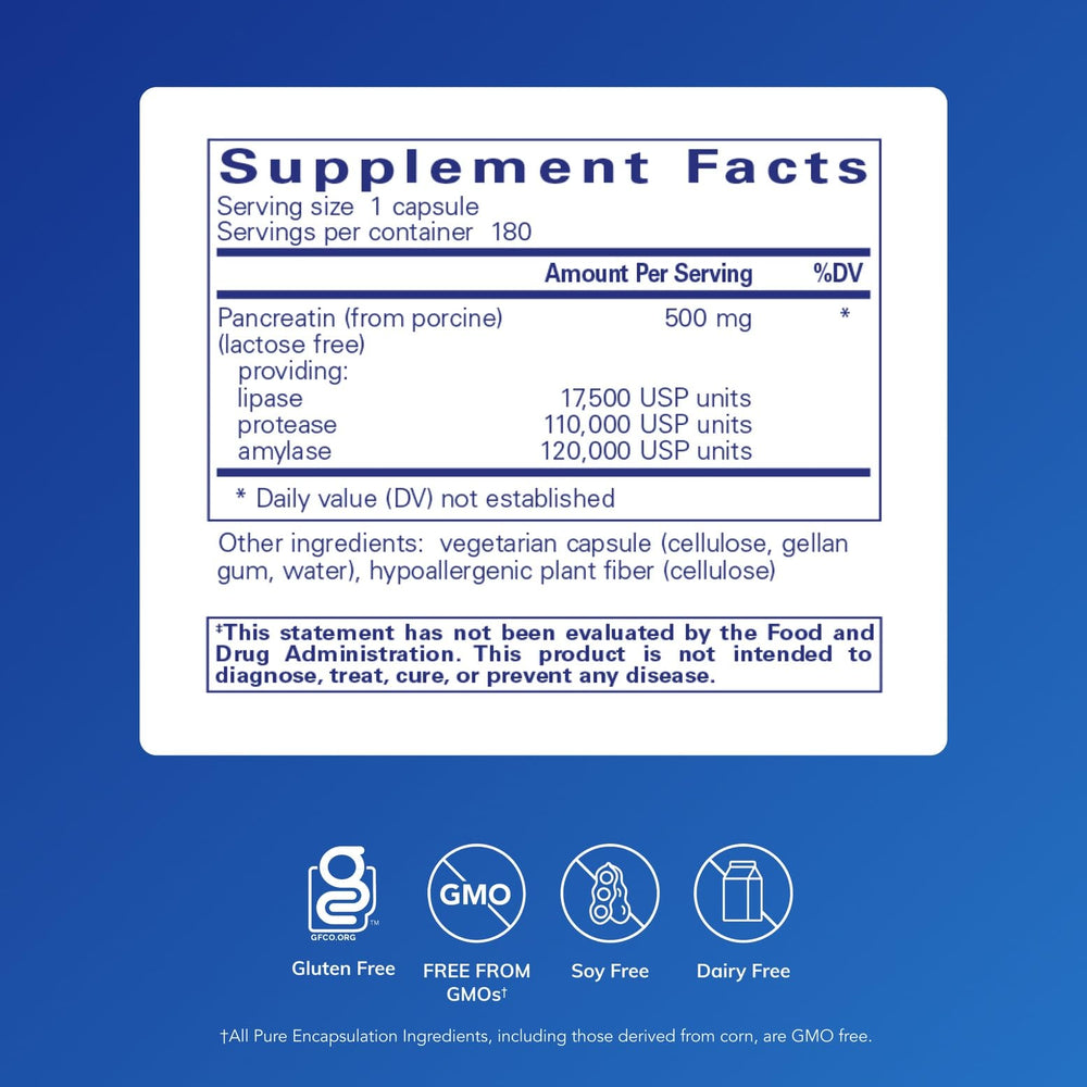 Pure Encapsulations Pancreatic Enzyme Formula capsules for targeted digestion.