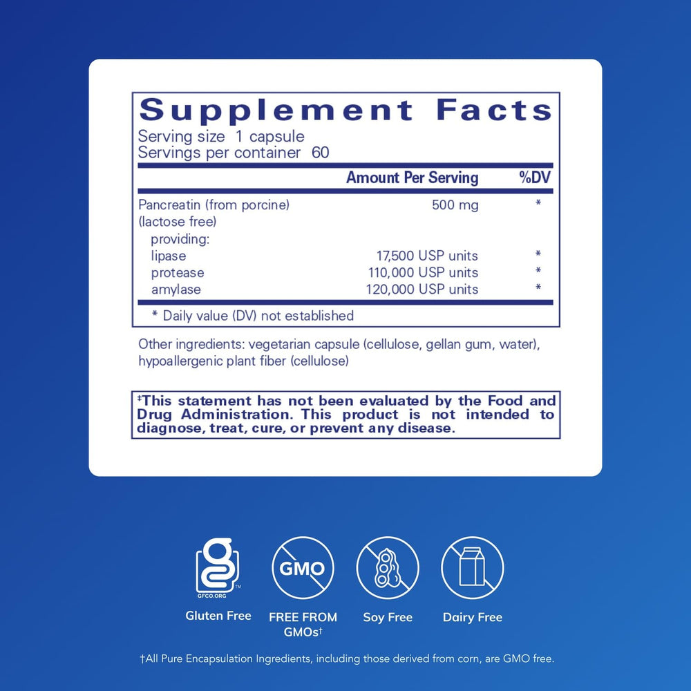 Pure Encapsulations pancreatic enzyme formula capsules ready for meals to aid digestion