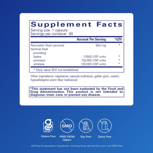 Pure Encapsulations pancreatic enzyme formula capsules ready for meals to aid digestion