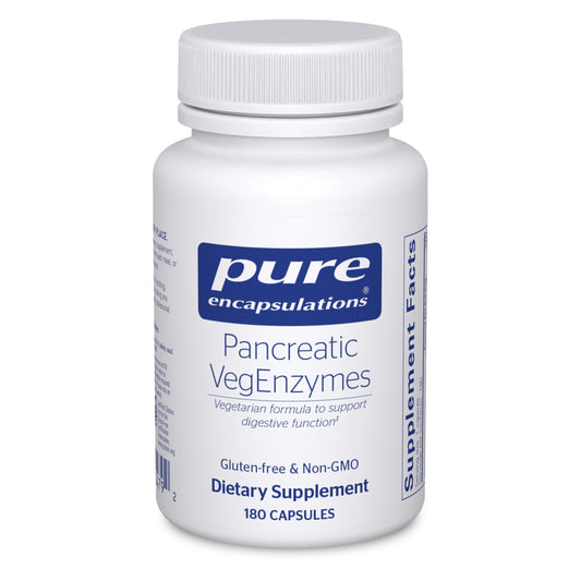 Pure Encapsulations Pancreatic VegEnzymes bottle front highlighting hypoallergenic digestion support.