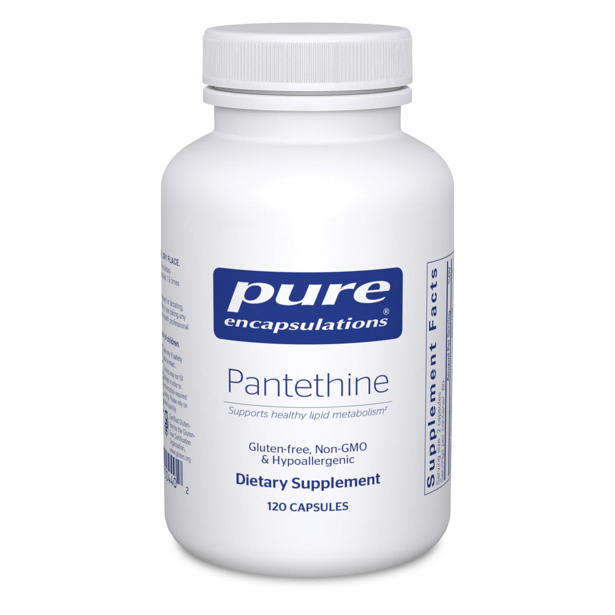Pure Encapsulations Pantethine bottle showing hypoallergenic formula for lipid support.