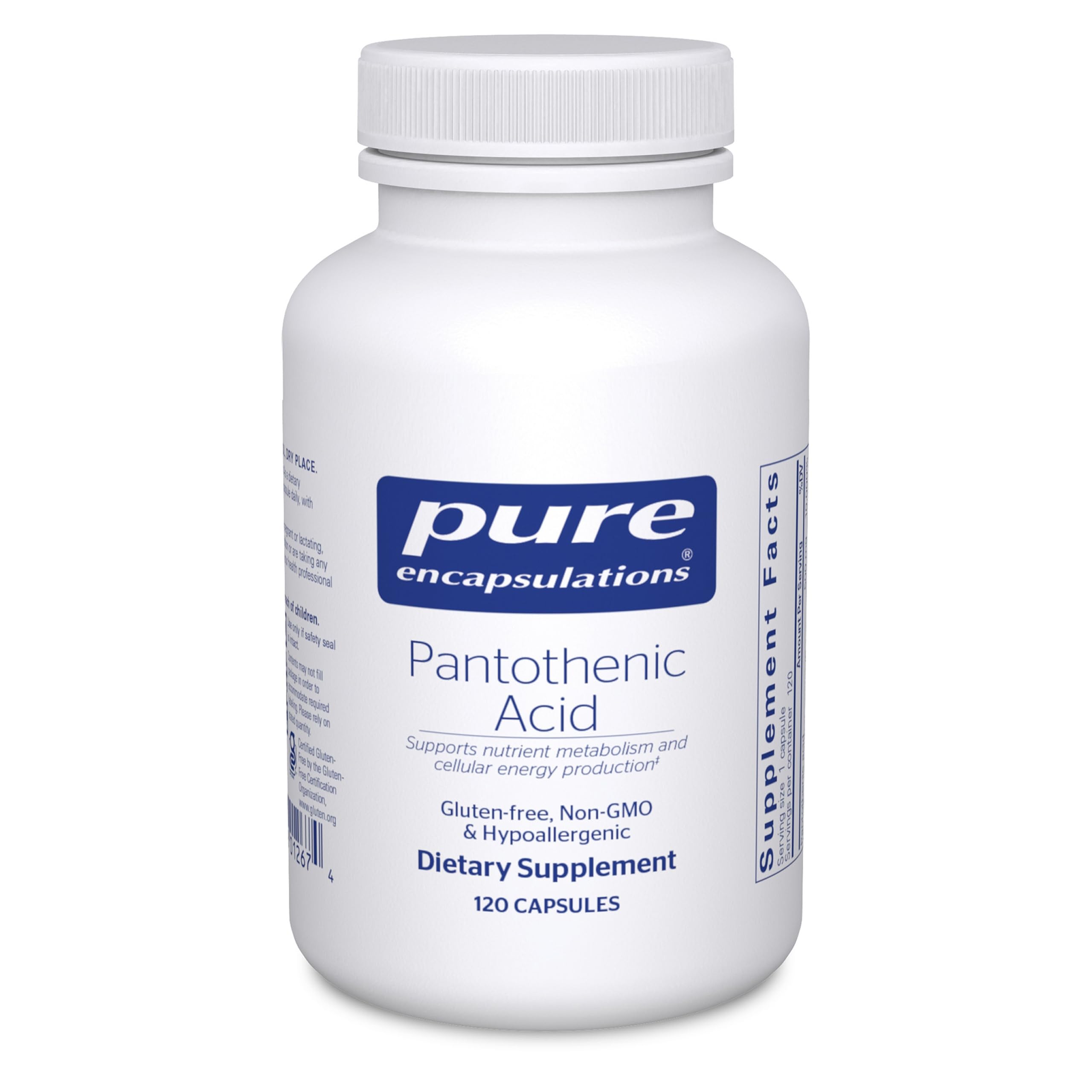 Pure Encapsulations Pantothenic acid bottle promoting energy metabolism.