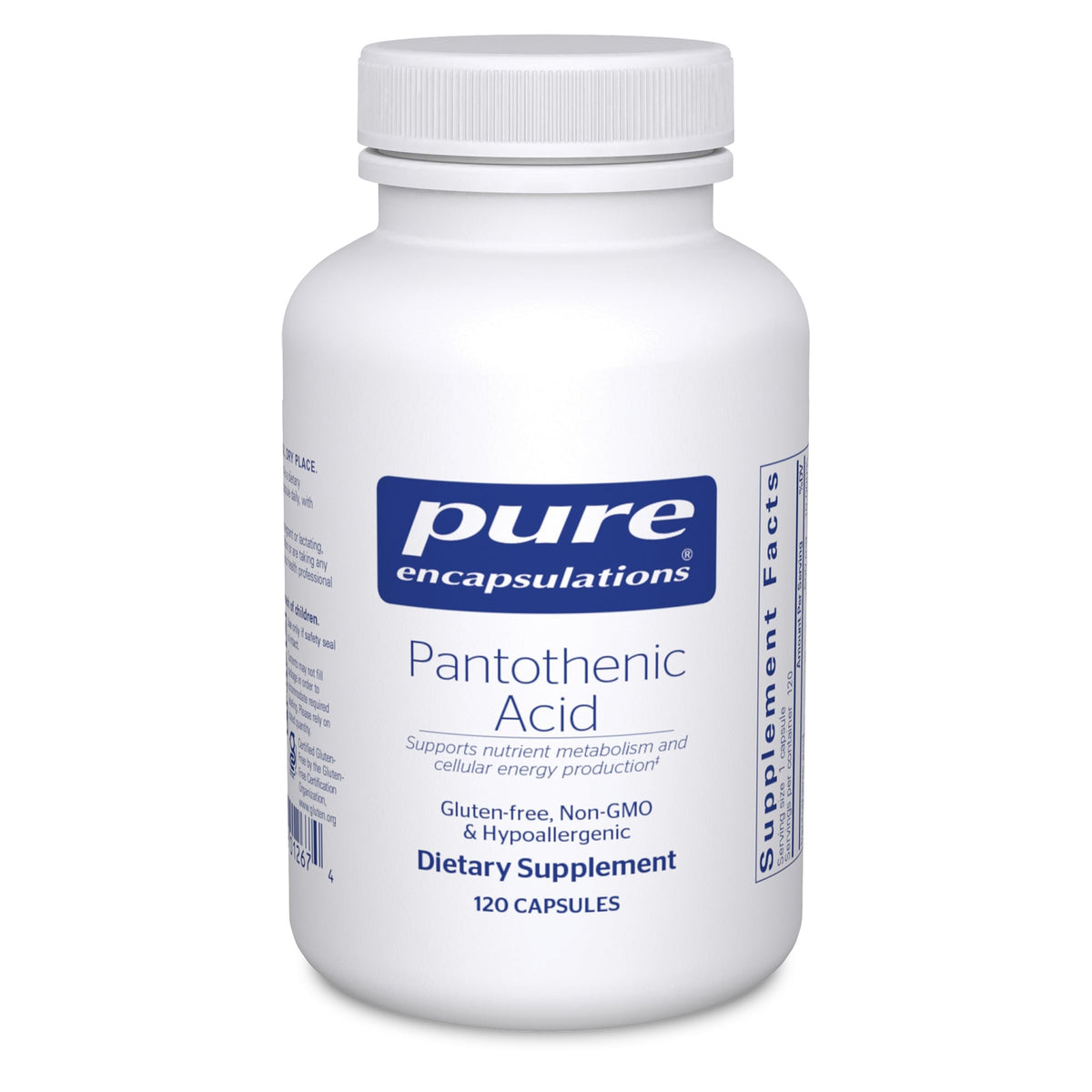 Pure Encapsulations Pantothenic acid bottle promoting energy metabolism.