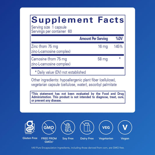 Pure Encapsulations Peptic-Care label closeup highlighting zinc-L-carnosine