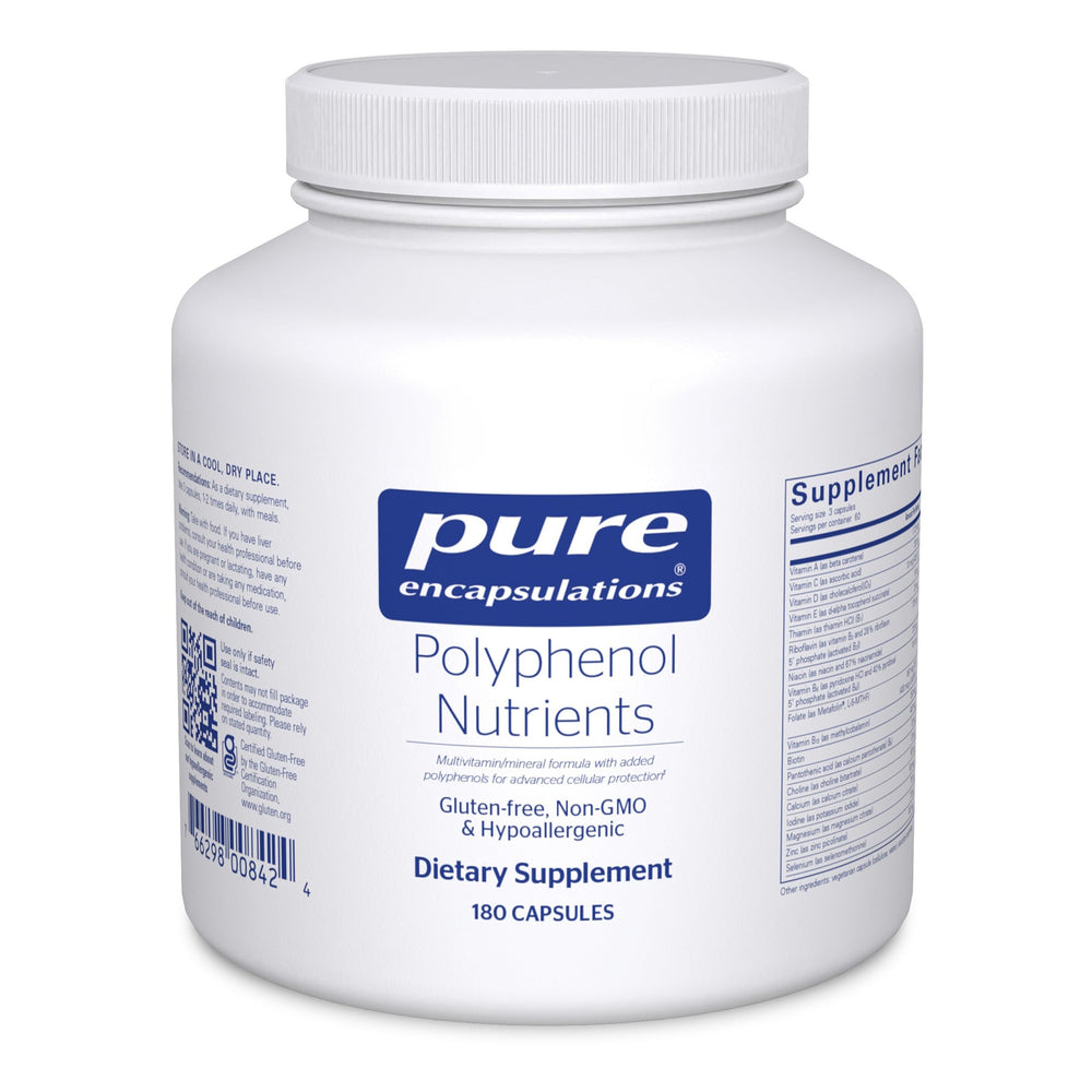 Pure Encapsulations Polyphenol Nutrients bottle showing a potent antioxidant blend for cellular support.