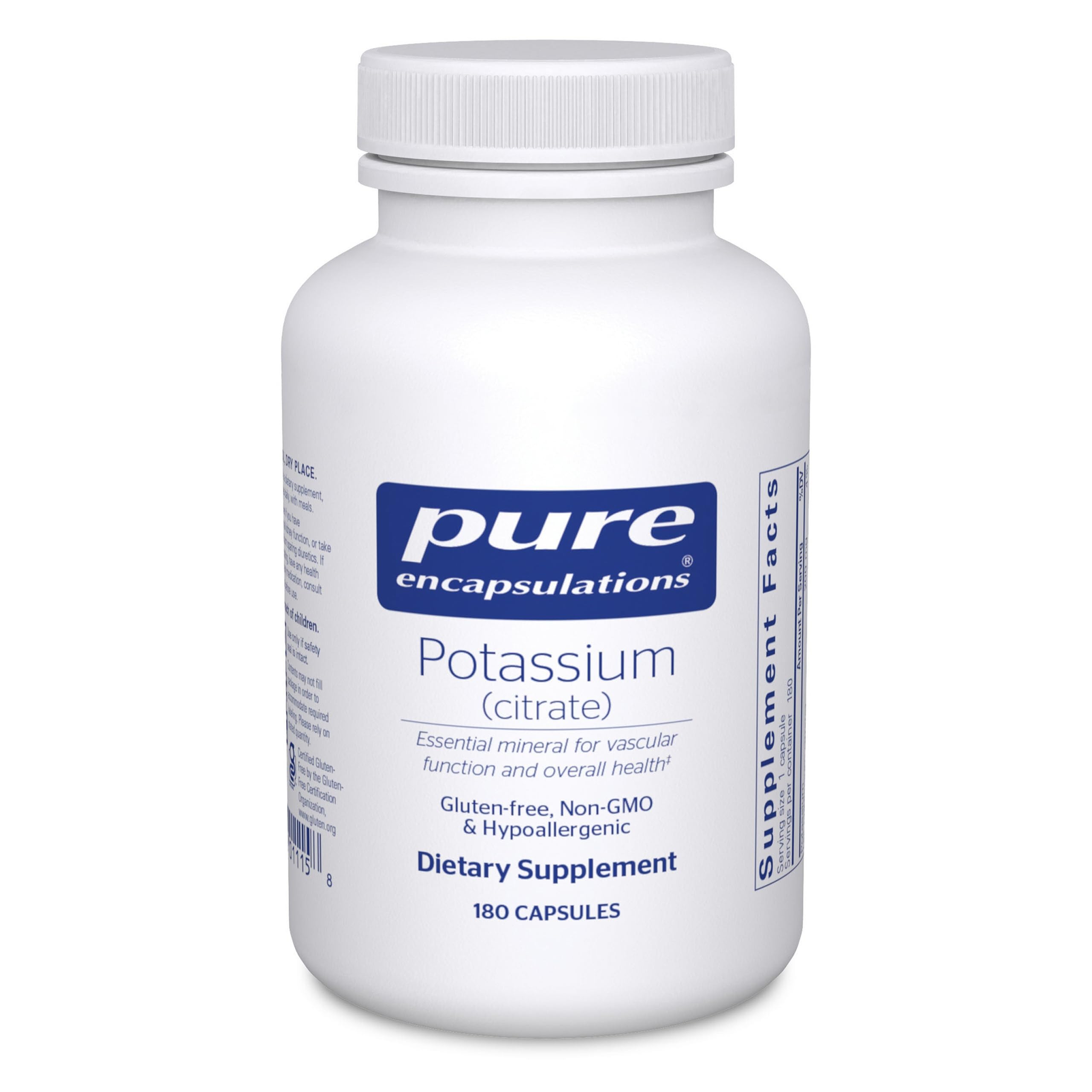 Pure Encapsulations Potassium Citrate bottle front supports electrolyte balance.