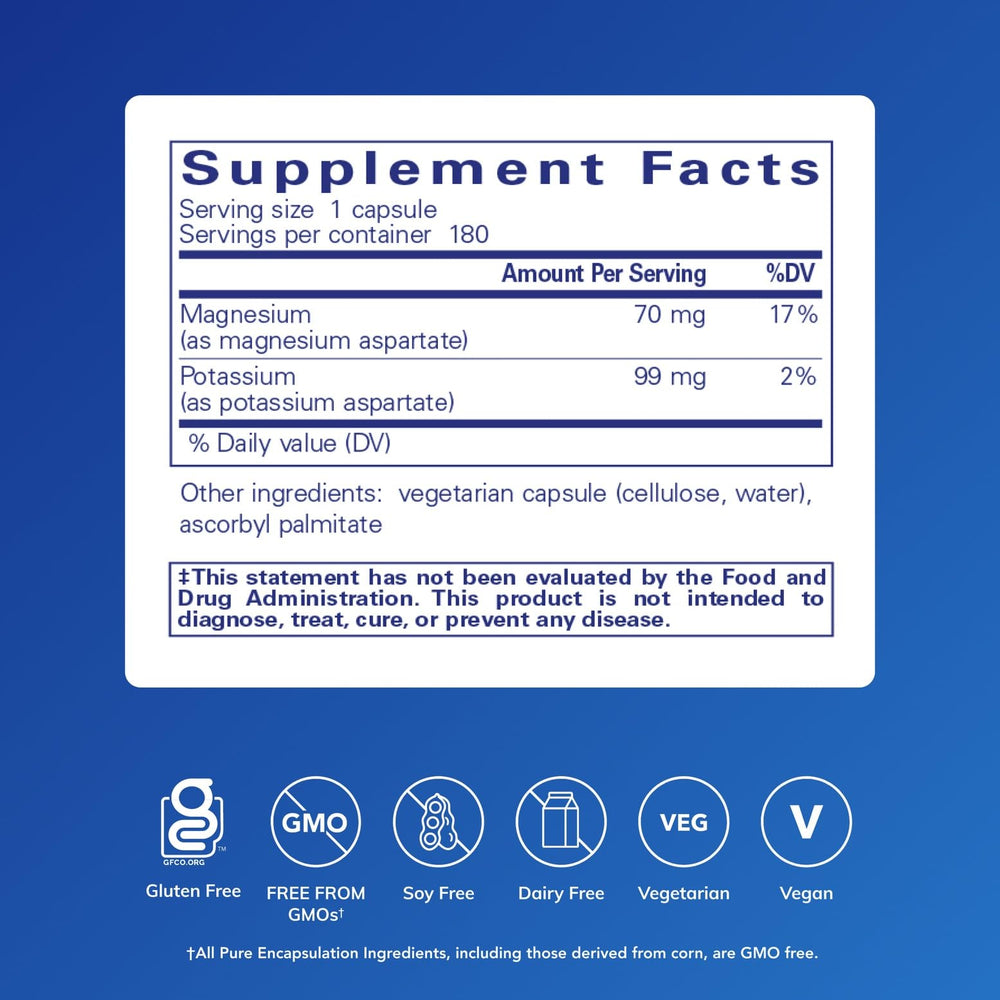 Pure Encapsulations Potassium Magnesium Aspartate capsules, easy to swallow for heart and muscle function.