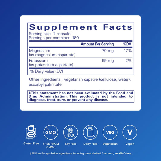 Pure Encapsulations Potassium Magnesium Aspartate capsules, easy to swallow for heart and muscle function.