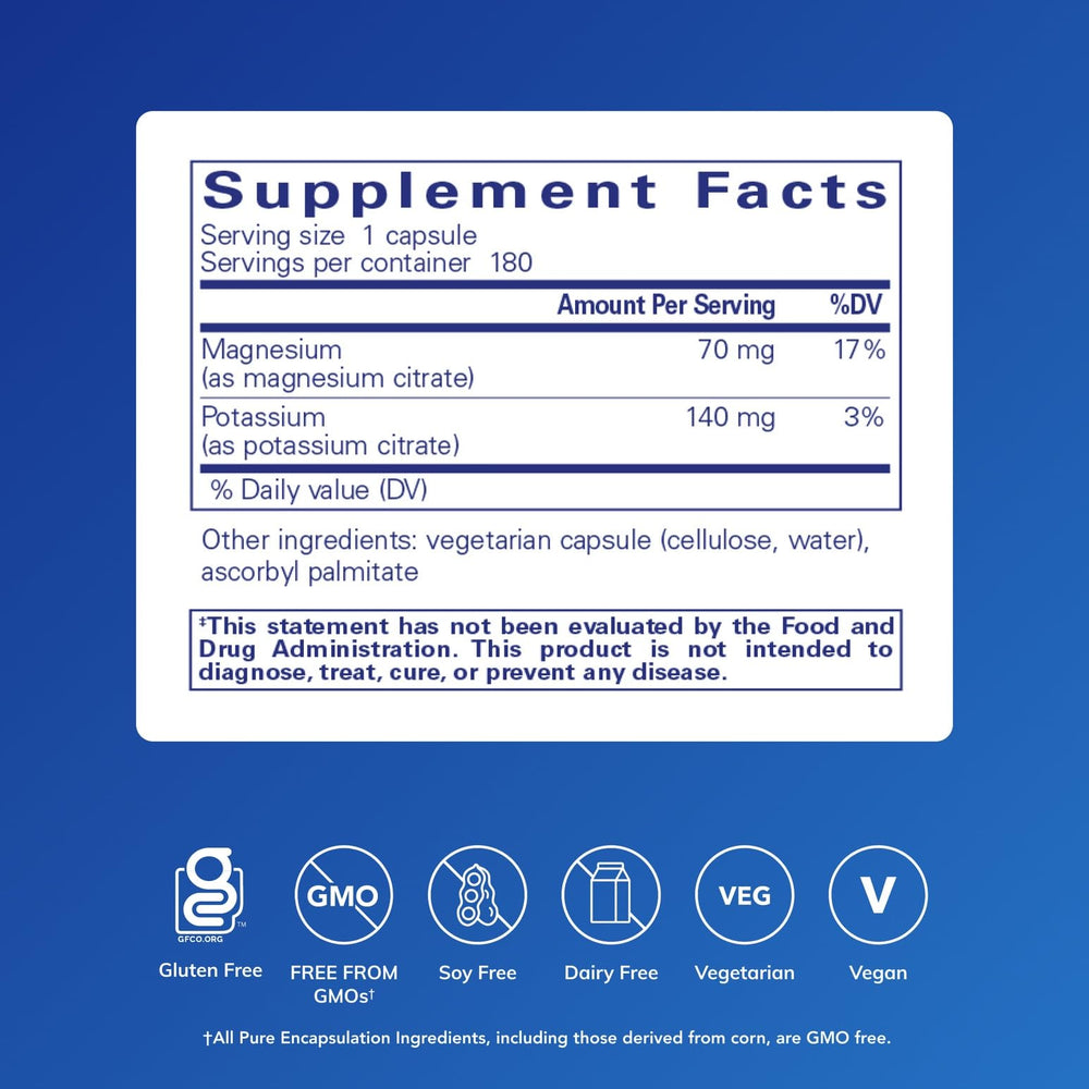Pure Encapsulations Potassium Magnesium Citrate capsules ready to take with meals
