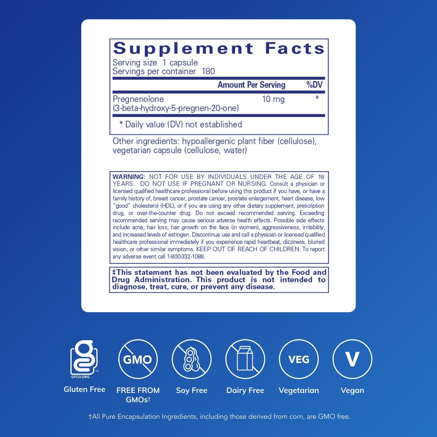 Pure Encapsulations Pregnenolone 10 mg capsules offering convenient daily use.