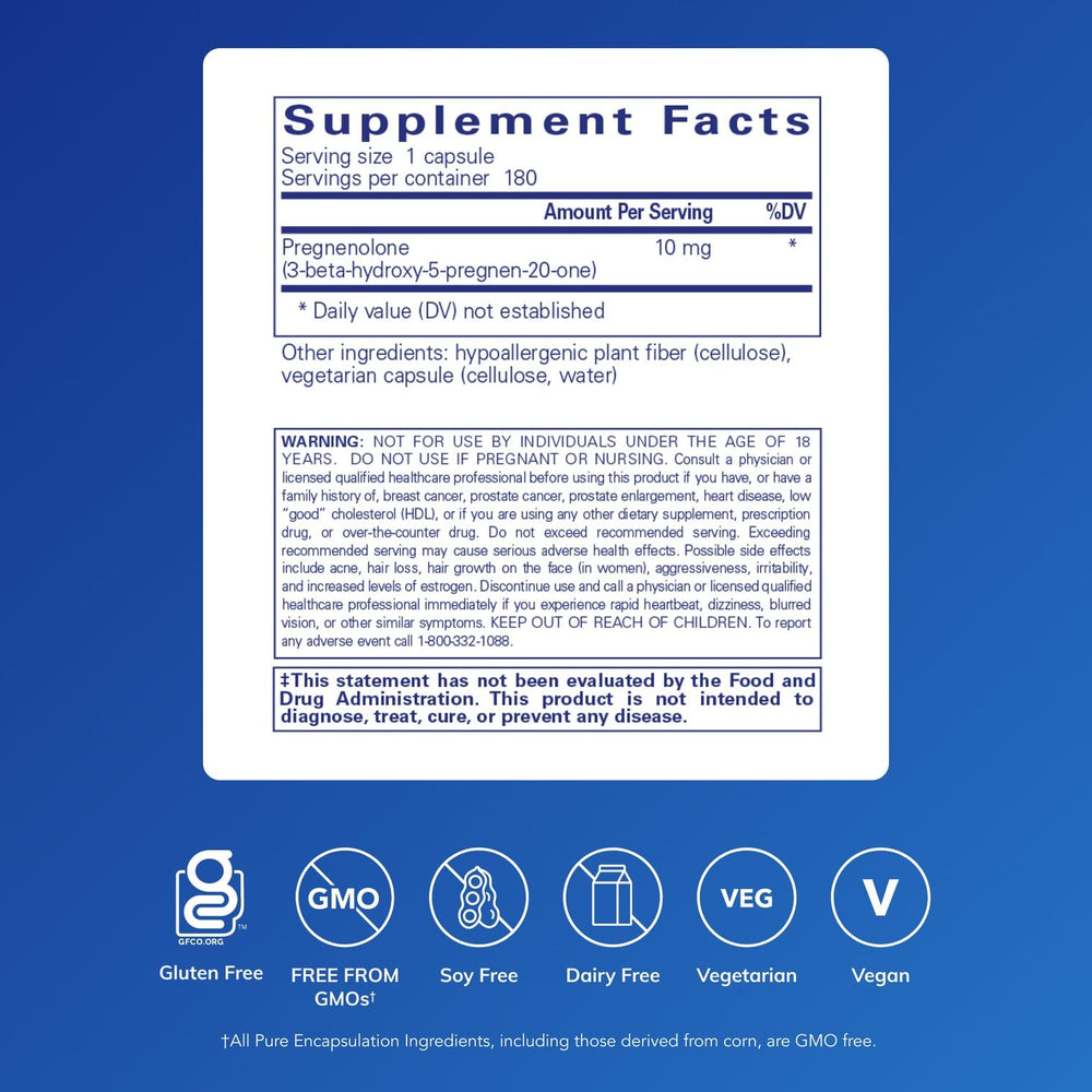 Pure Encapsulations Pregnenolone 10 mg capsules offering convenient daily use.