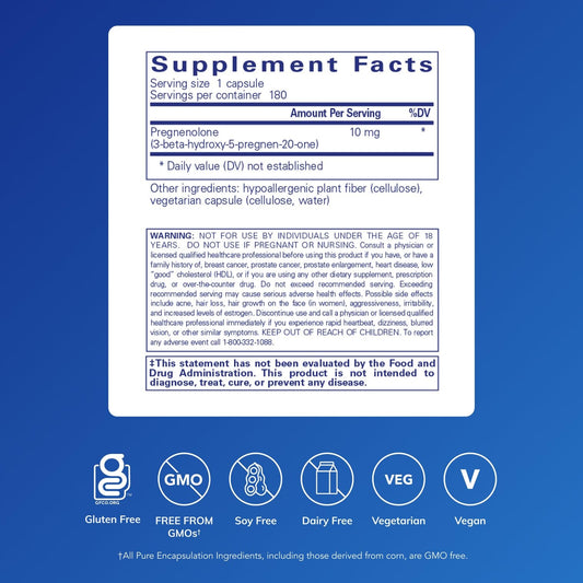 Pure Encapsulations Pregnenolone 10 mg capsules offering convenient daily use.