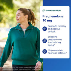Pure Encapsulations Pregnenolone 10 mg label detail confirms vegan, gluten-free, non-GMO credentials.