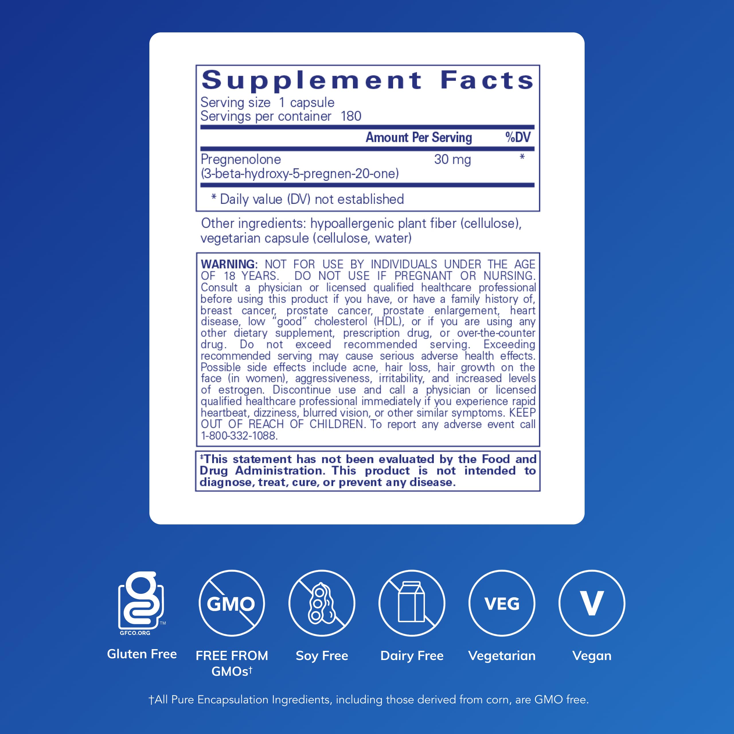 Pure Encapsulations Pregnenolone 30 mg label closeup highlights vegan, gluten-free ingredients.