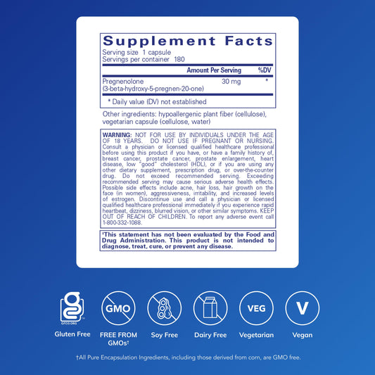 Pure Encapsulations Pregnenolone 30 mg label closeup highlights vegan, gluten-free ingredients.