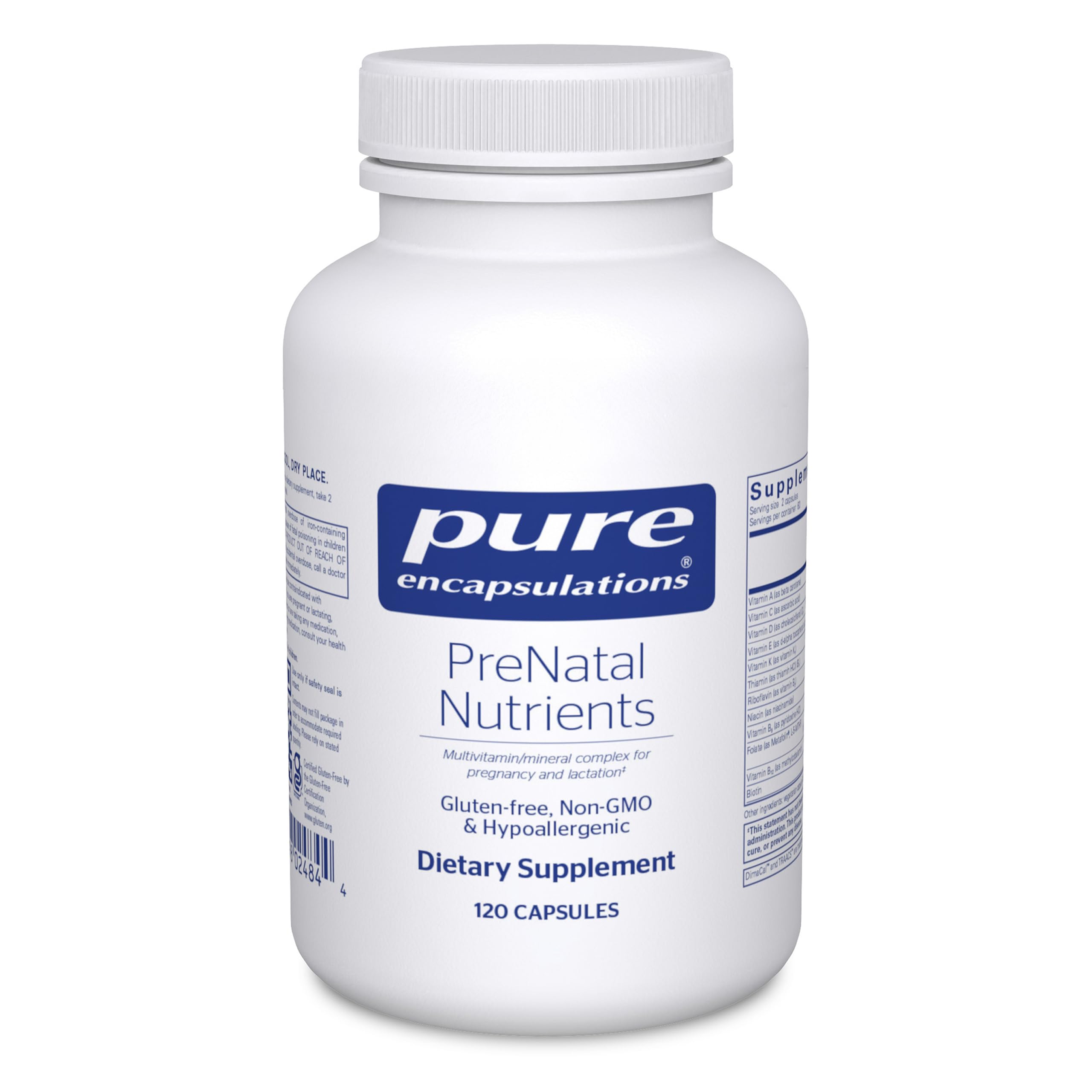 Pure Encapsulations Prenatal Nutrients bottle front for daily prenatal support.