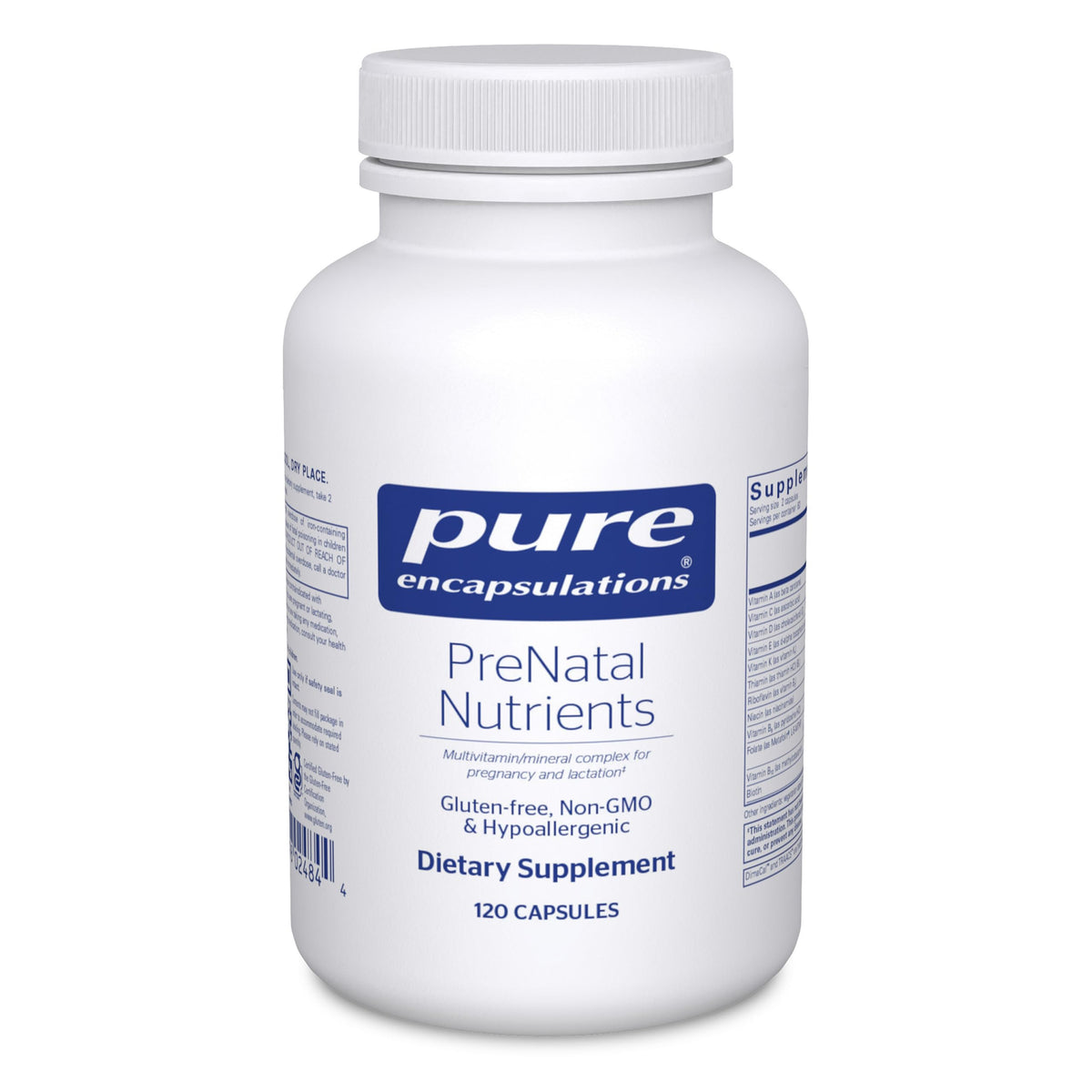 Pure Encapsulations Prenatal Nutrients bottle front for daily prenatal support.