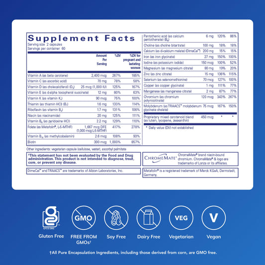 Pure Encapsulations Prenatal Nutrients capsules close-up showing easy-to-swallow form.