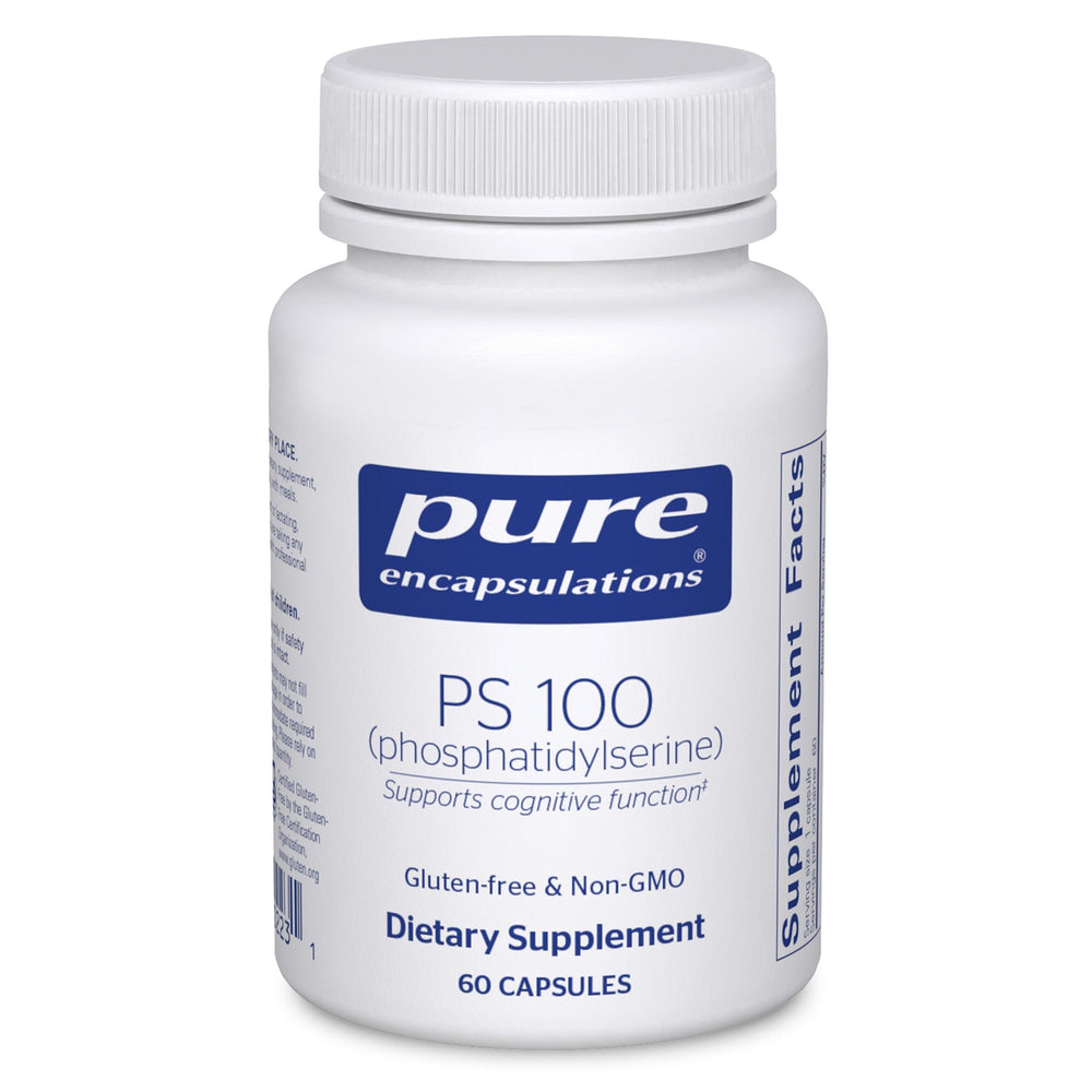 Pure Encapsulations PS 100 bottle front, brain support supplement for focus